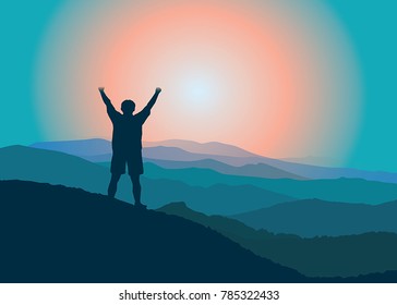 Man with hands up on the top of mountain. Vector illustration. Blue Ridge Mountains, North Carolina, USA.