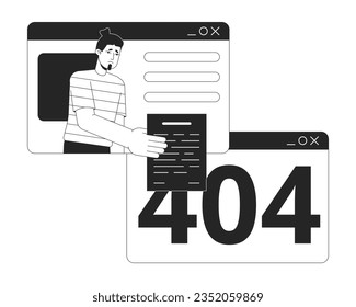Man hands over blank to browse window black white error 404 flash message. Remote work. Monochrome empty state ui design. Page not found popup cartoon image. Vector flat outline illustration concept