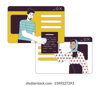 Man hands over document to woman flat line concept vector spot illustration. Freelancers in browser window 2D cartoon outline character on white for web UI design. Editable isolated color hero image