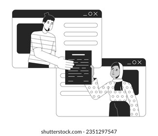 El hombre entrega el documento a la mujer bw concepto de ilustración spot vectorial. Freelancers en la ventana del navegador caricatura 2D de línea plana monocromática carácter para el diseño de interfaz de usuario web. Imagen de héroe de contorno aislado editable