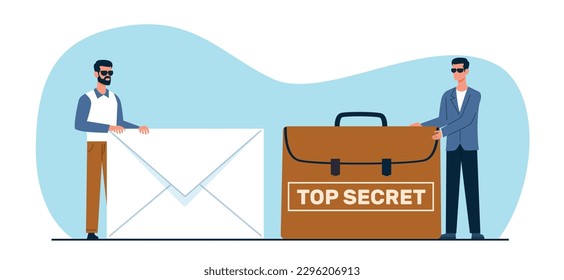 Man hands over secret documents in briefcase and receives letter envelope of money in return. Confidential information, safe and seal files. Cartoon flat style isolated vector concept