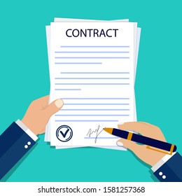 Man hands with paper contract. Obligation signature of contract on form document. Legal signature of treaty in flat style. Businessman signs official document. Hand signs contract. vector illustration