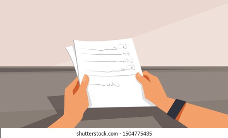 Man hands with papers or documents. Vector illustration with a grey and rose background. 