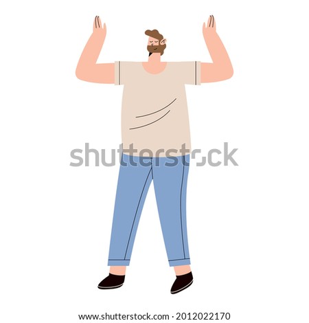 Man with hands up praising on white background