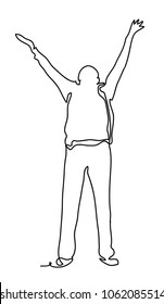 Man with hands raised in the sunset concept for religion, worship. Cheering man open arms. Continuous line drawing. Isolated on the white background. Vector monochrome, drawing by lines. sketch