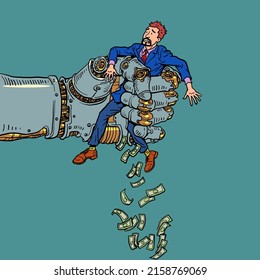 A man in the hands of a robot, ruin and collapse. Artificial intelligence takes jobs