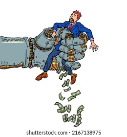 A man in the hands of a robot, ruin and collapse. Artificial intelligence takes jobs