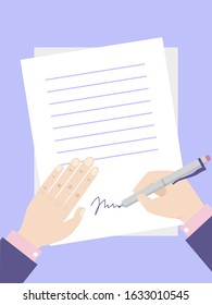 Man hands signs contract vector illustration. Businessman puts his signature on agreement. Contracts sign vector illustration