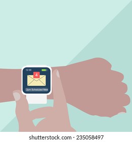 Man hands with smart watch on light blue background. Vector illustration.