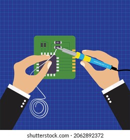  man hands soldering the printed circuit board with soldering iron. Worker repairs electronics, PC elements. Vector flat design illustration. 