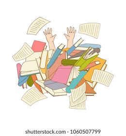 man hands sticking out books pile. Overwork or studying exams concept. Education work and stress concept. Illustration isolated background