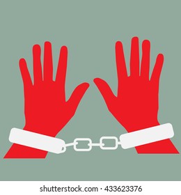 Man hands in strained steel handcuffs.Vector illustration