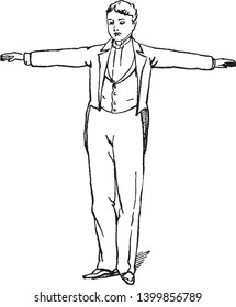 A man with hands stretched outwards, a gesture of dispersion, vintage line drawing or engraving illustration