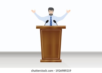 Man with hands up talking from the rostrum tribune, vector illustration