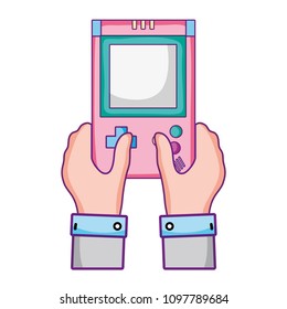 man hands with tetris handhelp videogame