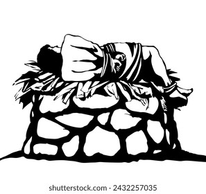 Man With hands tied on altar. Vector drawing