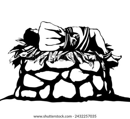 Man With hands tied on altar. Vector drawing