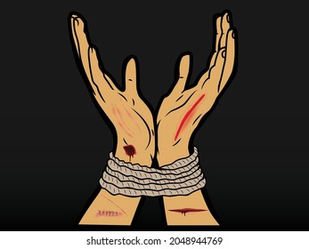 Manos de hombre atadas con cuerda