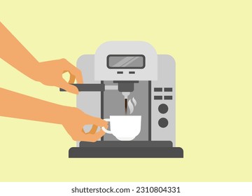man hands using coffee machine making coffee  vector illustration