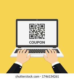 Man hands using laptop with coupon QR code on screen. Vector illustration.