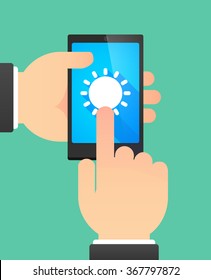 Man hands using a phone showing a sun