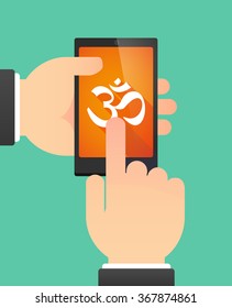 Man hands using a phone showing an om sign