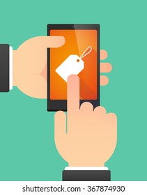 Man hands using a phone showing a label