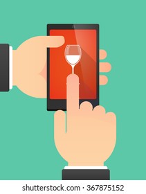Man hands using a phone showing a cup of wine