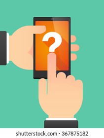 Man hands using a phone showing a question sign