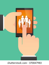 Man hands using a phone showing a conventional family pictogram