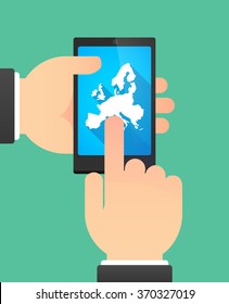 Man hands using a phone showing  a map of Europe 