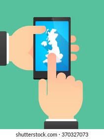 Man hands using a phone showing  a map of the UK 