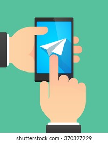 Man hands using a phone showing a paper plane