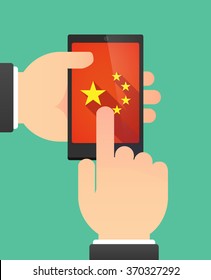 Man hands using a phone showing  the five stars china flag symbol
