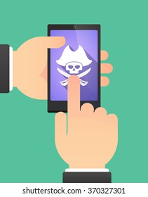 Man hands using a phone showing a pirate skull