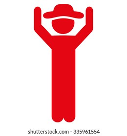 Man Hands Up vector icon. Style is flat symbol, red color, rounded angles, white background.