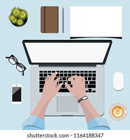 man hands working on laptop with coffee cup smartphone paper notebook tablet and laptop paper flat design