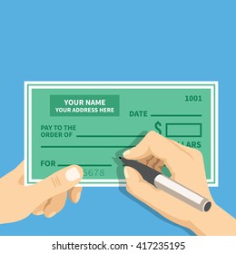 Man hands writing check. Hand hold bank check and hand hold pen filling check fields. Modern concept for web banners, web sites, infographics. Top view. Creative flat design vector illustration