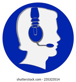 Man in handsfree head vector icon. Man head vector silhouette. Communication concept. Man profile in blue circle. Eps 10.On white background.
