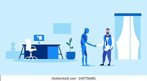man handshaking with robot agreement concept friendship between artificial intelligence robotic machine and human modern office interior sketch doodle horizontal