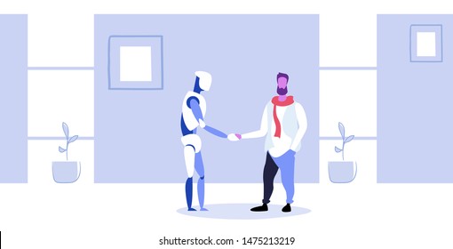 man handshaking with robotic person futuristic artificial intelligence technology agreement concept business automation human vs robot shake hand office interior sketch full length horizontal vector