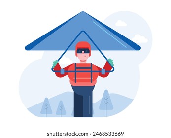 Man hang gliding, extreme sports with safe equipment, flying and looking at nature. Character design. Vector flat illustration