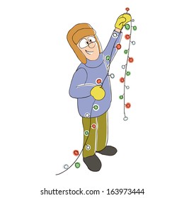 Man hanging Christmas lights. Vector illustration.