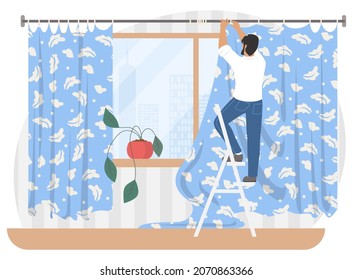 Man hanging curtains on window standing on ladder, flat vector illustration. Housework, household chores, housekeeping.