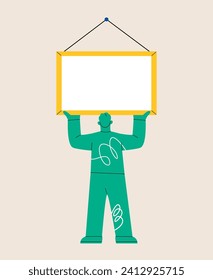 Man is hanging or holding a blank picture frame on wall. Colorful vector illustration