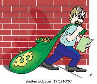 Man Hanging Lots Of Money With Dollar Sign In Green Bag And Holding A Paper In His Hand At a Street.