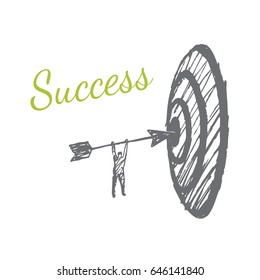 A man is hanging on an arrow. The arrow is in the center of the target. Vector business concept illustration. Hand drawn sketch. Lettering success.