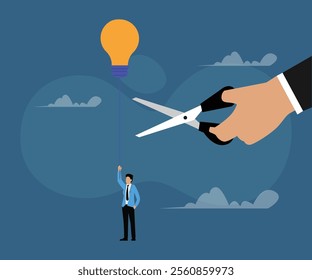 Man Hanging on to an Idea, Threatened by Scissors 2d flat vector illustrations
