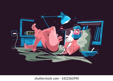 Man hanging on internet vector illustration. Tired bearded guy lying in bed and using modern gadget at night flat style design. Absorption of virtual life concept