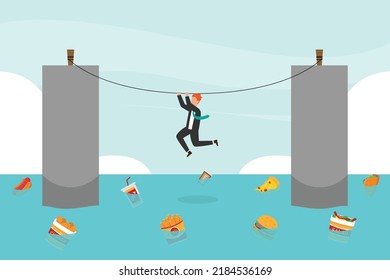 Man hanging on the rope trying to avoid junk food 2d flat vector illustration design